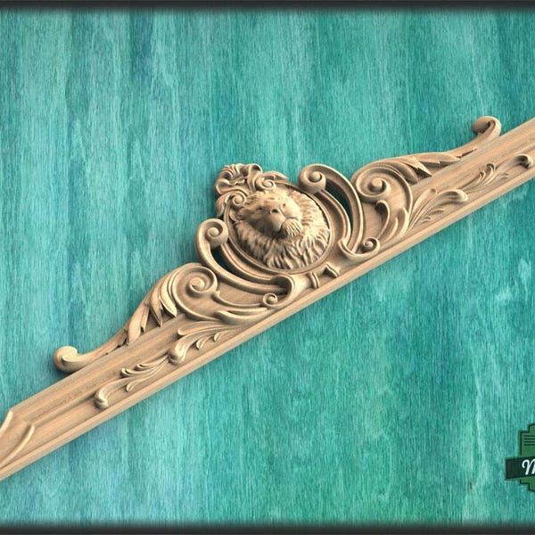 Lion Onlay above the entrance, Large oak floral center onlay with lion head, horizontal decor, carved decoration of wood, wooden onlay