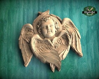 Cherubic Grace: Hand-Carved Wooden Angel, 1pc, Angel with wings, Carved Angel, religion decor, carved decoration of wood, wooden onlay