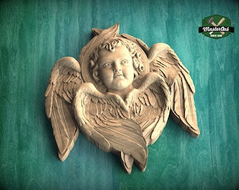 Cherubic Grace: Hand-Carved Wooden Angel, 1pc, Angel with wings, Carved Angel, religion decor, carved decoration of wood, wooden onlay