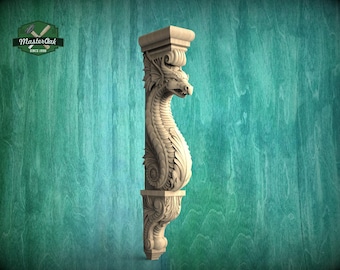 Sea Dragon Carved Wooden Corbel – Mythical Maritime Decor, Unpainted, Decorative Carved Wooden Corbel, Home Wall Embellishments