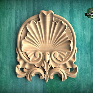 Scallop Shell Wooden Applique with Ornamental Scrolls, Wood Carved Applique Onlay, 1pc,Unpainted Home Wall Embellishments, Furniture Carving