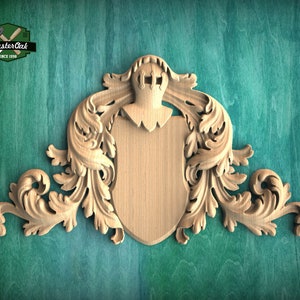 Regal Acanthus Leaf Wood Onlay, Heraldic Shield for Stately Decor, 1 pc, Unpainted, decorative wood trim
