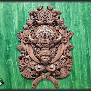 Carved Bison of wood,  Celtic wood carving, Viking carving, Wall art, Wall decor, Wall hanging