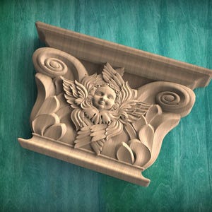 Chapiteau en bois avec chérubin, 1 pièce, décor de chapiteau sculpté en bois, non peint, embellissements muraux pour la maison, incrustations de bois, décoration d'art mural en bois