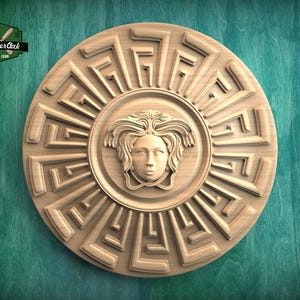 Medusa Carved Rosette - Greek Key Design in Natural Wood, 1pc, Unpainted, Home Wall Decor, Wooden Trim, Wood Art Decor, Wooden Rosette Decor