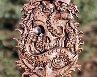 Skull and Octopus carved panel made of wood, wood wall art, carved skull of wood, wall decor carving, Santa Muerte, Dark Art