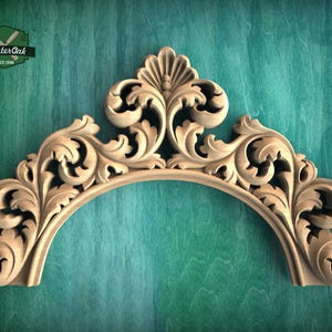 Modanatura ad arco intagliata in stile barocco - Lussuoso intarsio per porta con fogliame, 1 pezzo, non verniciato, intarsio intagliato, arco in legno intagliato
