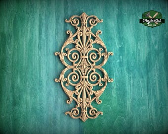 Vertical Ornate Scrollwork Wooden Applique with Central Symmetry, 1pc, Unpainted, Home Wall Embellishments, Furniture Carving, Wood Onlay