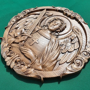 Sint-Aartsengel Michaël houtsnijwerk decor, religieuze panno wandhanger, religieus cadeau, christelijk cadeau