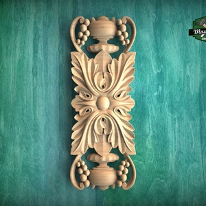 Vertical Symmetrical Acanthus Leaf Wooden Applique, 1pc, Unfinished, Home Wall Embellishments, Furniture Carving, Wood Onlay
