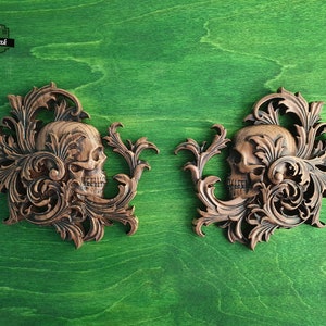 Pair of Skull in leaves carved panel made of wood, wood wall art, carved skull of wood, gift for him, Santa Muerte, Dark Art