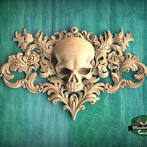 Baroque Reaper's Crest , 1pc, Horizontal wooden floral center onlay with skull, horizontal decor, carved decoration of wood, wooden onlay