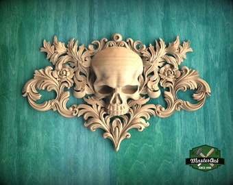 Baroque Reaper's Crest , 1pc, Horizontal wooden floral center onlay with skull, horizontal decor, carved decoration of wood, wooden onlay
