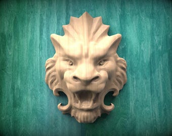 Gothic Lion Mask, Carved lion head, Unpainted, 1pc, Applique furniture decor DIY Furniture Trim Supplies wall ornaments pediments