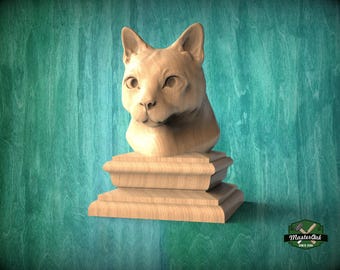 Busto de gato de madera, remate de poste de escalera, estatua de gato