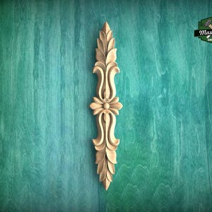 Vertical Wooden Applique with Leaf and Scroll Design, Interior decor appliques, 1pc, Unpainted, Furniture Carving, Wood Onlay