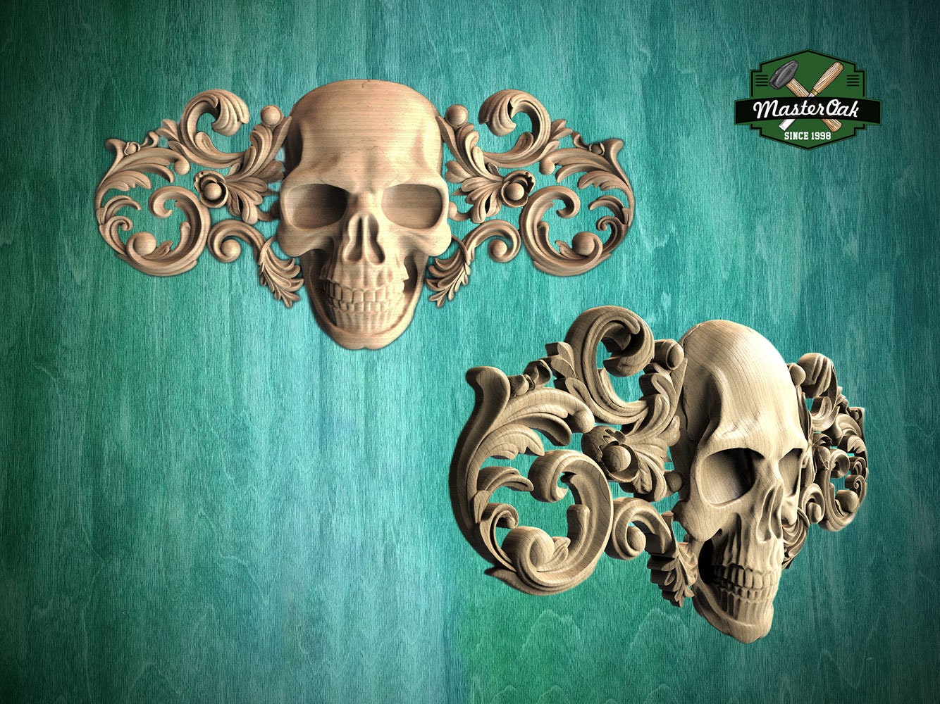 Gothic Elegance Wooden Applique, 1 pc, Horizontal wooden floral center onlay with skull, horizontal decor, carved decoration of wood