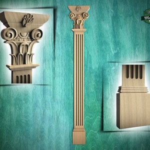 Wood carved regal ionic column pilaster, Classical wood ionic  pilaster, 1pc, Unpainted, Carved Wood Trim Post Pillars, Flat Back Columns