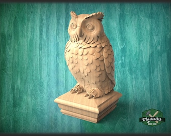 Owl Wooden Finial for Staircase Newel Post, Owl finial bed post, Owl statue of wood, Decorative Newel Post Cap Bird Face