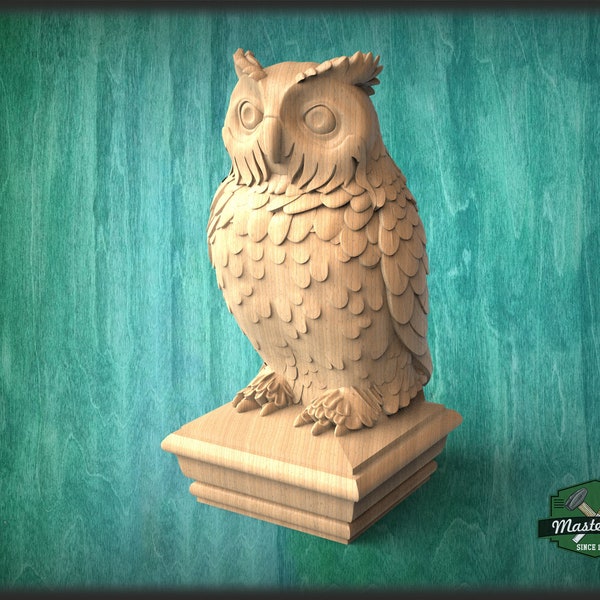 Owl Wooden Finial for Staircase Newel Post, Owl finial bed post, Owl statue of wood, Decorative Newel Post Cap Bird Face