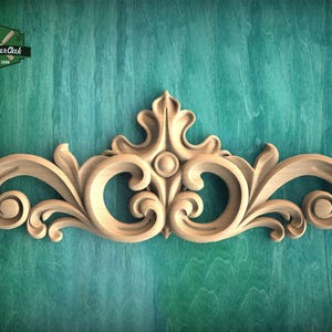 Ornate Scroll Crest with Central Bloom – Decorative Wood Accent