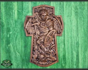Archangel Michael Natural wood All Sizes Wall Hanging Wooden Carved Home Decor  Christian Gift Idea