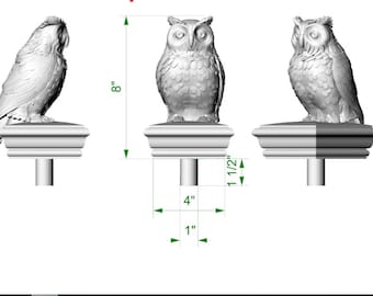 Puede incluir: Tres esculturas de búhos blancos sobre pedestales. Las estatuas de búhos miden 20 cm de alto, 10 cm de ancho y 2,5 cm de profundidad. El pedestal mide 3,8 cm de alto. Los búhos están en diferentes poses.