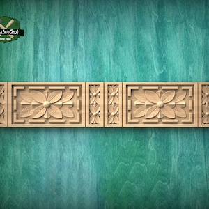 Carved Flower Moulding – Decorative Wooden Rosette Strip, Option 1,  40&quot; , 1 pc, Unpainted, Rectangular Wooden Baguette, Furniture Moulding