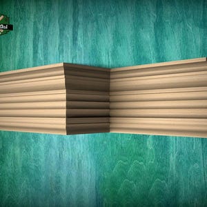May include: A light brown wooden crown molding piece with a decorative stepped profile and horizontal grooves. The piece features a corner joint design. A logo in the top left corner displays the text Master Oak Since 1990 with crossed tools.