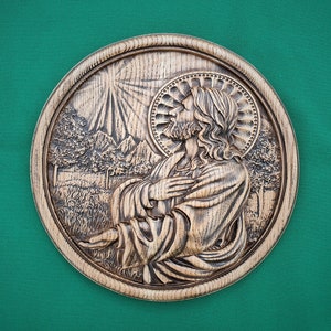 Jesus praying, wood painting in the round frame, wall hanging religious panno, religious gift