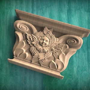 Wooden Capital with a Cherub, 1pc, Carved capital decor wood, Unpainted, Home Wall Embellishments, wood onlays, wood wall art decor