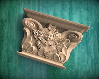 Wooden Capital with a Cherub, 1pc, Carved capital decor wood, Unpainted, Home Wall Embellishments, wood onlays, wood wall art decor