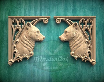 Carved Wood Bear Corner Onlays, Mirrored Pair with Gothic Scrollwork