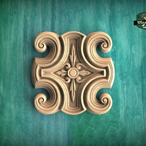 Cross-Shaped Wooden Rosette with Scrollwork, 1 piece, Unpainted, Home Wall Embellishments, square wood onlays, wood wall art decor