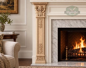 Carved Wood Pilaster with Medusa – Decorative Column for Fireplace, Doorway & Wall Panel