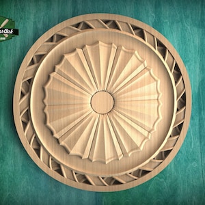 Geometric Harmony: Round Carved Onlay, Artisanal Wooden Medallion, 1 pc, Unpainted, Decorative Rosettes