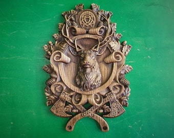 Keltisch hert, Keltisch houtsnijwerk, Vikingsnijwerk, Keltische Lord Of Woods, kunst aan de muur, wanddecoratie, wanddecoratie