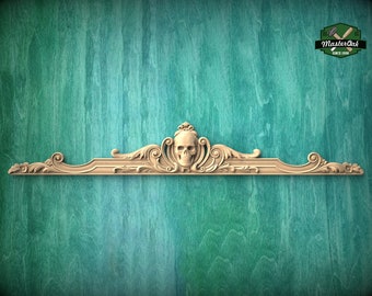 Skull Onlay above the entrance, Large oak floral center onlay with skull, horizontal decor, carved decoration of wood, wooden onlay