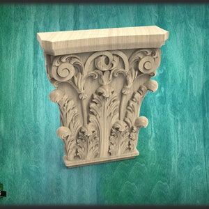 Neoclassical solid wood capitel, 1pc, Carved capital decor wood, Unpainted, Home Wall Embellishments, wood onlays, wood wall art decor