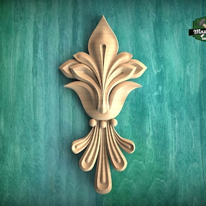 Fleur-de-Lis Flourish: Vertical Wooden Carved Overlay, 1 pc, Unpainted, Home Wall Embellishments, Furniture Carving, Wood Onlays