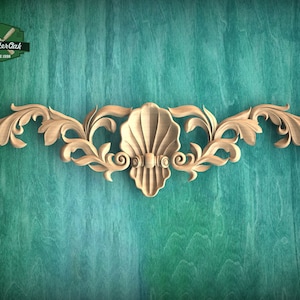 Baroque Shell Wooden Onlay – Elegant Foliage Design Accent, Ocean-Inspired Carved Wood Applique, 1pc, Unpainted, Furniture Carving