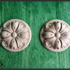 Pair of Carved Vintage Flower Round Wooden Rosette Onlay, Home Wall Embellishments, wood onlays, wood wall art decor