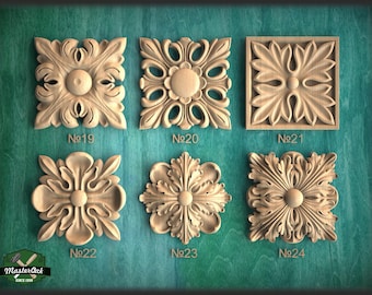 Square Carved Rosette of Wood, 1 piece, Home Wall Embellishments, square wood onlays, wood wall art decor