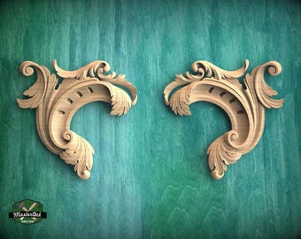 Mirrored Wood Corner Onlays – Carved Acanthus Scroll Appliques, Set of 2