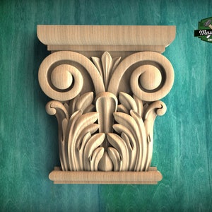 Classic-style wooden carved capital for pilaster, 1pc, Greek Design Meets Carved Wooden Capitals, Carved capital decor wood, Unpainted