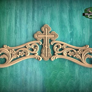 Divine Grace Cross - Wooden carved Onlay, Unpainted, 1pc, Home Wall Embellishments, Furniture Carving, Ornamental Woodwork