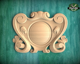 Elegant Carved Onlay, Central Wooden Cartouche for Luxury Decor, 1 pc, Unpainted, Home Wall Embellishments, wooden trims