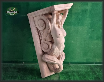 Corbel Mermaid of wood, Unpainted, Decorative Carved Wooden Corbel, 1pc, Home Wall Embellishments, wood onlays, wood wall art decor