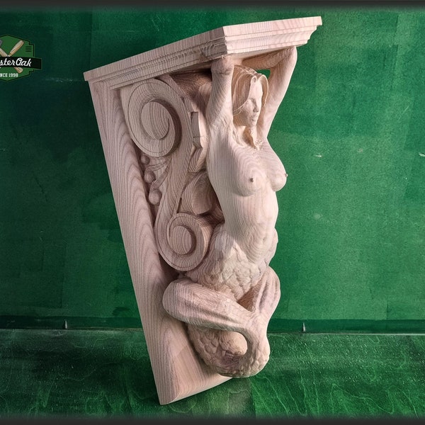 Corbel Mermaid of wood, Unpainted, Decorative Carved Wooden Corbel, 1pc, Home Wall Embellishments, wood onlays, wood wall art decor