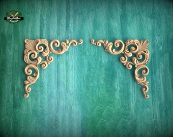 Corner Applique Carving – Acanthus Leaf Motif made of wood, Set of 2pc, decorative wood, Classical-style hardwood acanthus cabinet onlays